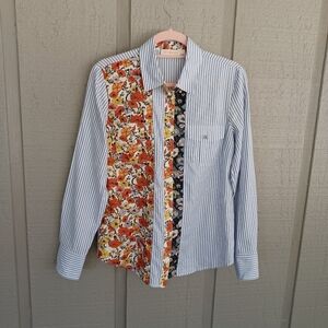 Tory Burch Patchwork Printed Shirt Size 8 Women Preppy Floral Striped Cotton